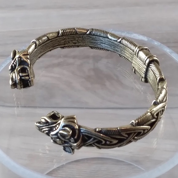 Silver Wolf Head Viking Norse Knotwork Cuff Bangle Bracelet - Picture 7 of 12